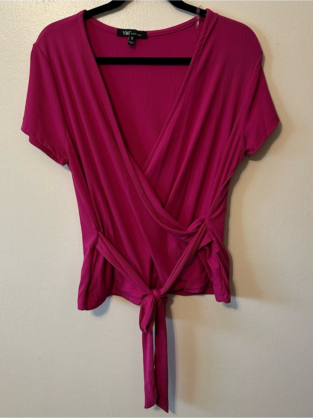 YMI Collection Hot Pink Ribbed V Neck Tie Waist Top 1XL